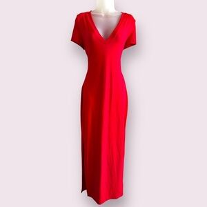 SHEIN SXY Red V-Neck Maxi Dress Fitted Slit Bodycon Size L